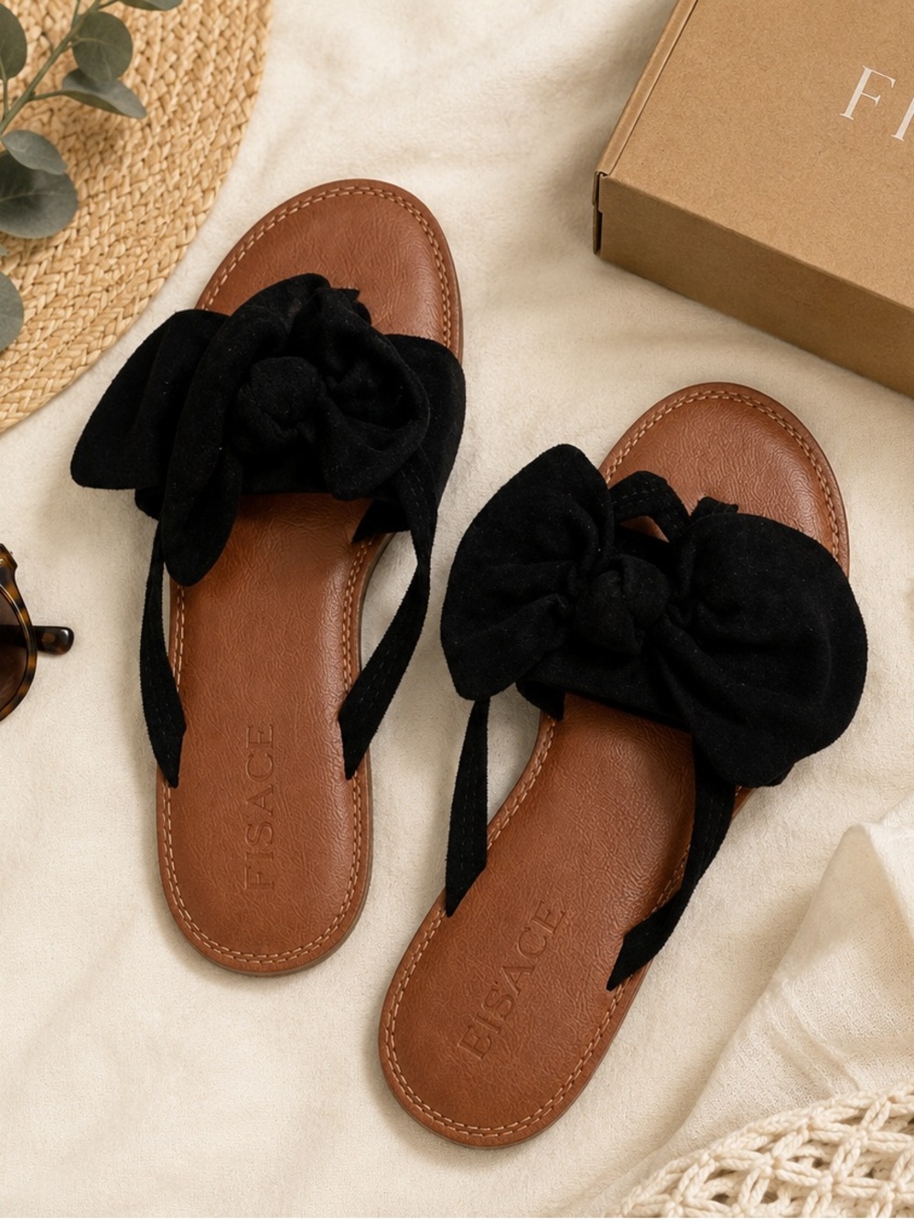 FISACE Black Bow Flat Sandals Women’s Size 7.5